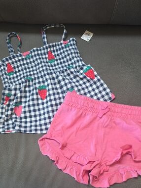 Old Navy Navy Gingham Strawberry Print Tank with Pink Ruffle Shorts